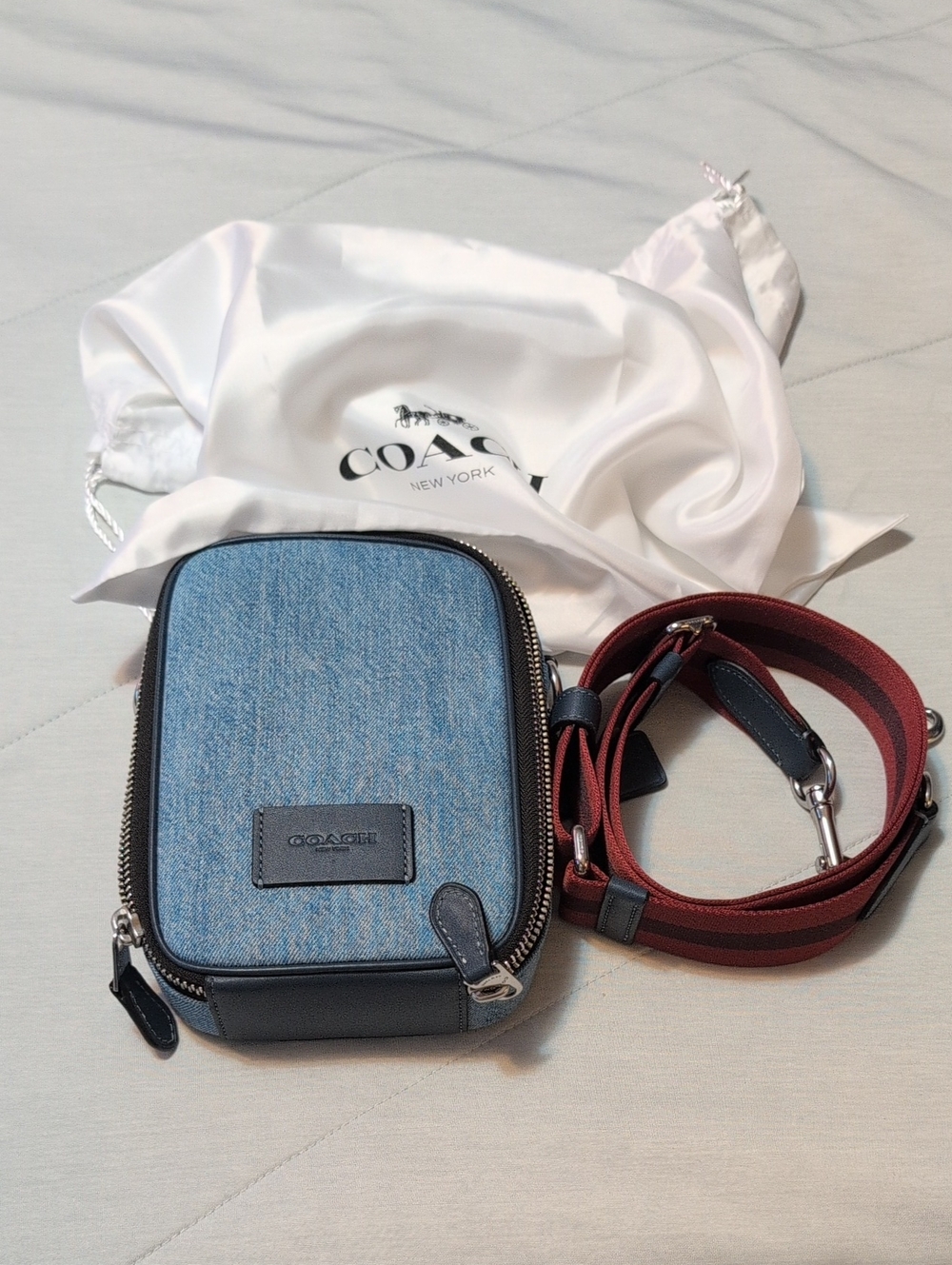 Coach Stanton Light Blue Denim Crossbody with Burgundy Strap